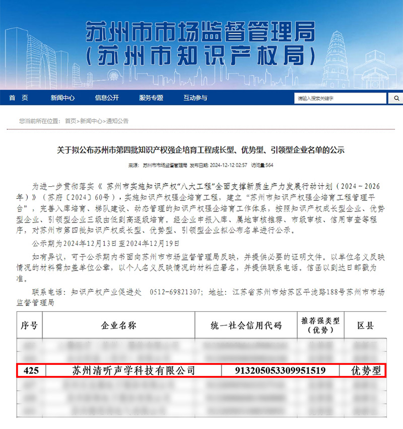 清聽聲學(xué)憑借卓越的知識(shí)產(chǎn)權(quán)管理與創(chuàng)新能力，成功入選“優(yōu)勢(shì)型企業(yè)”。